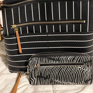 Fossil Black and white striped leather crossbody purse and wallet